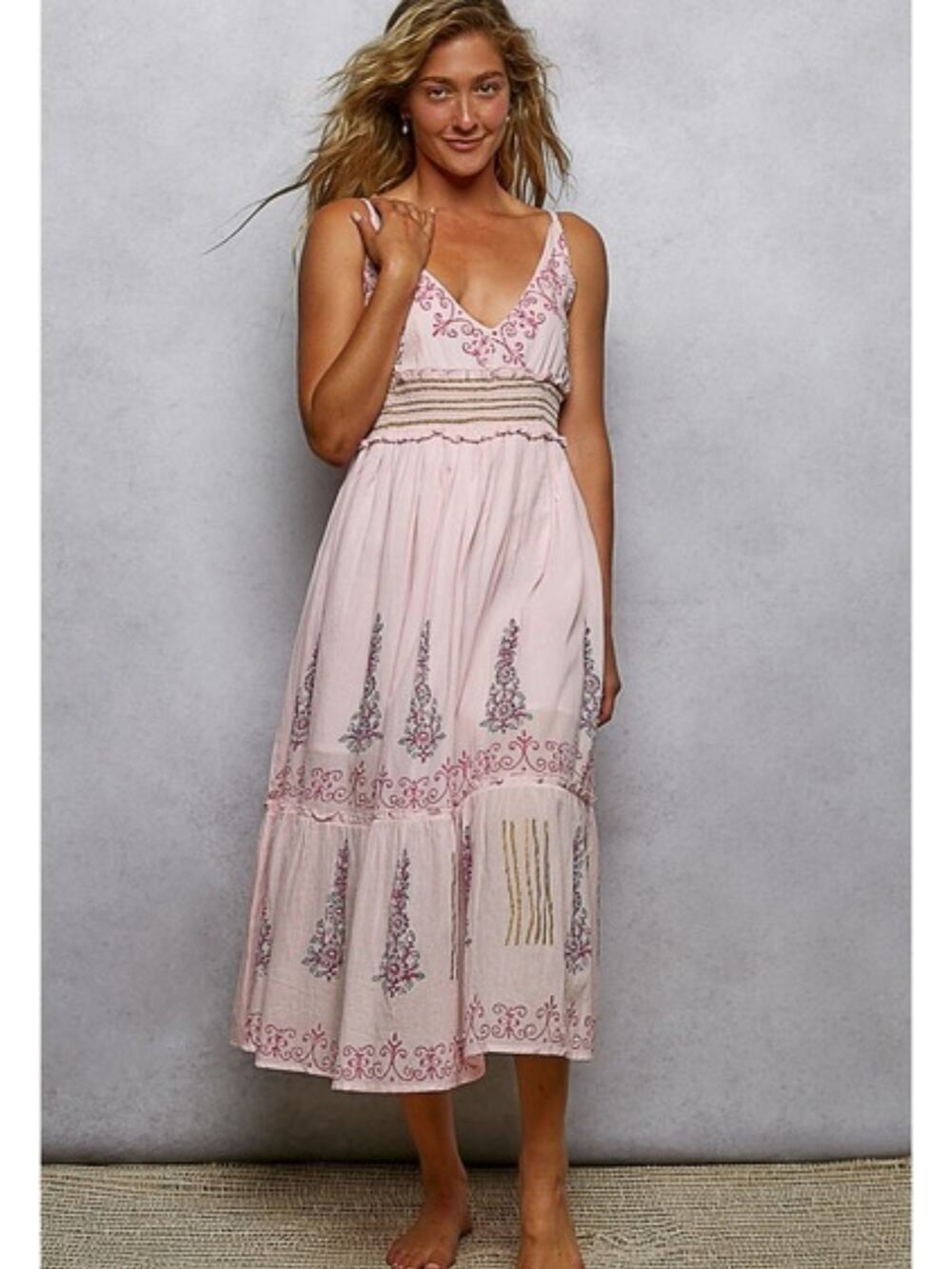 POL Pink Embroidered Boho Maxi/Midi Dress Smocked Waist Sleeveless NWOT L‎